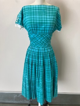 J LOGAN, Teal Blue, Green, Wool, Plaid, Textured Fabric, Slub Texture, Boat Neck,  S/S, with  White Trim & Btn Loops , 3 Pleats Waist, Pleated At Skirt CB    V-N, Back  Zipper    * STAIN AT Back*