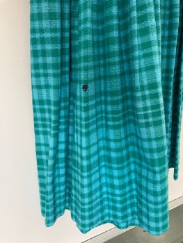 J LOGAN, Teal Blue, Green, Wool, Plaid, Textured Fabric, Slub Texture, Boat Neck,  S/S, with  White Trim & Btn Loops , 3 Pleats Waist, Pleated At Skirt CB    V-N, Back  Zipper    * STAIN AT Back*