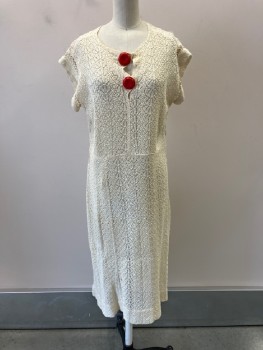 Womens, Dress, N/L, Cream, Cotton, Textured Fabric, W32, B38, H40, Round Neck, S/S, With Fishnet Trim  At Slvs, 2 CF Red Btns , Side Snaps,