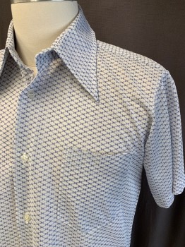 Mens, Casual Shirt, V, White, Blue, Polyester, Geometric, Diamonds, N15.5, S/S, Button Front, 2 Chest Pockets