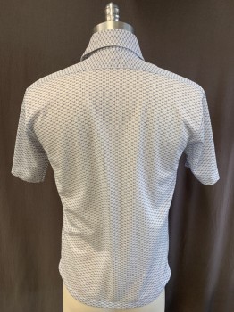 Mens, Casual Shirt, V, White, Blue, Polyester, Geometric, Diamonds, N15.5, S/S, Button Front, 2 Chest Pockets
