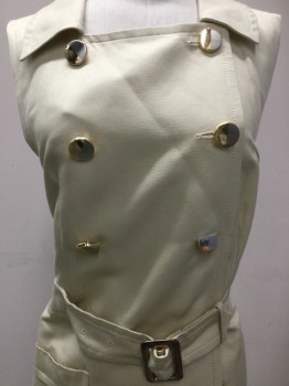 Womens, Dress, Sleeveless, Marc Jacobs , Butter Yellow, Cotton, Silk, Solid, 12, C.A., Double Breasted, Self Belt, Large Gold Buttons, Large Metal  Buckle, Hem Below Knee