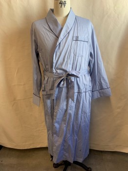 Mens, Bathrobe, BROOKS BROTHERS, Lt Blue, Navy Blue, Cotton, Solid, L, Shawl Lapel, Tie Closure at Waist, 3 Pockets, Cuffed Sleeves, Navy Pipe Trim, Matching Tie, MULTIPLES