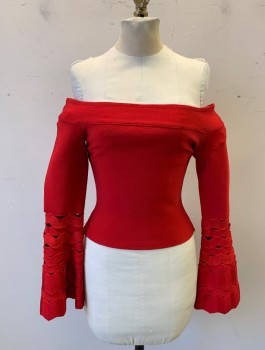Womens, Top, N/L, Red, Rayon, Nylon, Solid, S, Stretchy Rib Knit Bodycon Top, Long Sleeves Flared at Wrists with Zig Zagged Strips, Wide Off the Shoulder Neckline