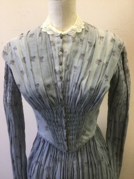 Womens, Historical Fiction Dress, MTO JANE LAW, Slate Blue, Purple, Cotton, Floral, Calico , W:24, B:32, Victorian, Delicate Scalloped Cream Lace Collar, Tiny Button Front with Hook and Eye Closure, Pleated Shoulders, Smocking on Front and Long Sleeves, Corset Style, Gathered Long Skirt
