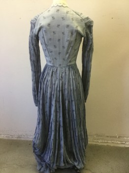 Womens, Historical Fiction Dress, MTO JANE LAW, Slate Blue, Purple, Cotton, Floral, Calico , W:24, B:32, Victorian, Delicate Scalloped Cream Lace Collar, Tiny Button Front with Hook and Eye Closure, Pleated Shoulders, Smocking on Front and Long Sleeves, Corset Style, Gathered Long Skirt