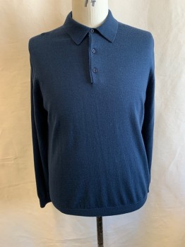 Mens, Pullover Sweater, NORDSTROM, Navy Blue, Wool, Solid, 2 Color Weave, XL, POLO, 3 Bttns, Dark Green Weave