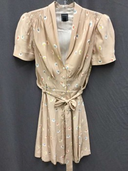 Womens, Romper, ORLA KIELY, Beige, French Blue, Multi-color, Silk, Floral, 2, Fan-like Floral Print, S/S, Collar Attached, V-Neck, Shawl Lapel,  Cream Flower Shaped Buttons, **Matching Belt