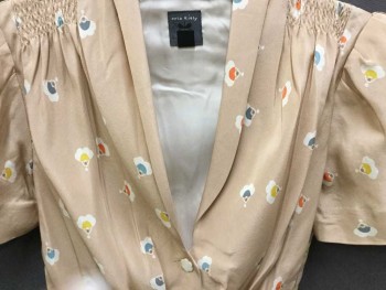 ORLA KIELY, Beige, French Blue, Multi-color, Silk, Floral, Fan-like Floral Print, S/S, Collar Attached, V-Neck, Shawl Lapel,  Cream Flower Shaped Buttons, **Matching Belt