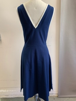 Womens, Dress, Sleeveless, TORY BURCH, Navy Blue, Cotton, Elastane, Solid, XS, Jersey Fabric, V-neck Front and Back, A-Line, White Trim, Knee Length, Slits at Sides Above the Hem