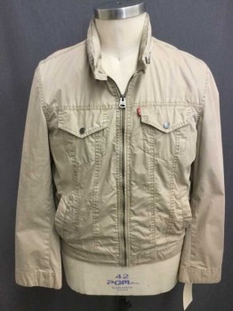 Mens, Casual Jacket, LEVI'S, Khaki Brown, Cotton, Nylon, Solid, Medium, Long Sleeves, Zip Out Hood, Side Welt Pockets, Chest Pockets with Snap Down Flaps, Zip Front