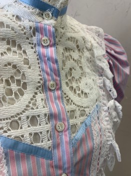 Womens, Historical Fiction Blouse, N/L, Pink, Periwinkle Blue, White, Cotton, Stripes, B:34, Long Leg O'Mutton Sleeves, Button Front, Stand Collar, White Lace Panel at Neck and Shoulders, Lace Trim at Wrists, is Actually an 80's Blouse That Looks Victorian