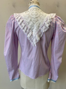 Womens, Historical Fiction Blouse, N/L, Pink, Periwinkle Blue, White, Cotton, Stripes, B:34, Long Leg O'Mutton Sleeves, Button Front, Stand Collar, White Lace Panel at Neck and Shoulders, Lace Trim at Wrists, is Actually an 80's Blouse That Looks Victorian