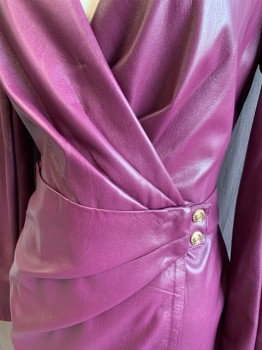 Womens, Dress, Long & 3/4 Sleeve, GUESS, Dk Purple, Polyurethane, Solid, B 32, S, W 28, Pleather, Surplice Pleated Top, Faux Wrap Pleated Skirt with 2 Gold Buttons, Back Zip, Long Sleeves