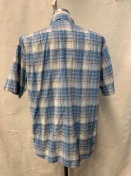 Mens, Casual Shirt, JOS A BANK, Blue, White, Brown, Green, Cotton, Plaid, L, S/S, Button Front, Collar Attached, Chest Pocket