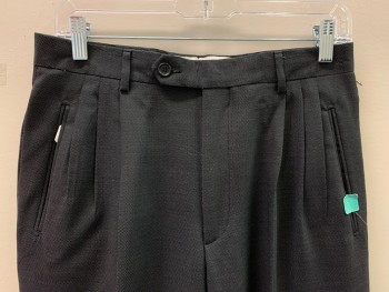 CARLO SCOTTI, Charcoal Gray, Black, Wool, Dots, Pleated Front, Zip Front, Side Pockets, Belt Loop