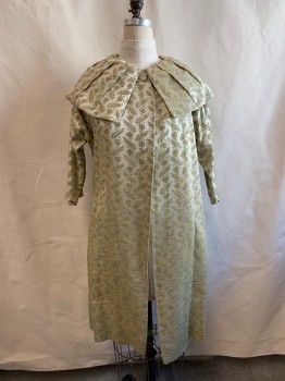Womens, Coat, MTO, Beige, Lt Yellow, Silk, Leaves/Vines , Brocade, B42, Pleated Bertha C.A., 1 Button at Neck, No Pockets