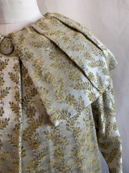 MTO, Beige, Lt Yellow, Silk, Leaves/Vines , Brocade, Pleated Bertha C.A., 1 Button at Neck, No Pockets