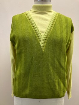 Mens, Sweater, VENTURA, M, Green, Knit, Turtleneck, L/S, V Neck Bands With Tuck Pleat Detail