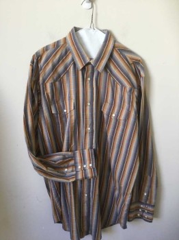 ROPER, Brown, Gray, Black, Beige, Poly/Cotton, Stripes, Long Sleeves, Collar Attached, Snap Front Closure, 2 Pockets with Flaps