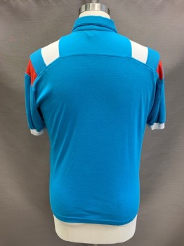 NEWSPORT, Turquoise Blue, Poly/Cotton, C.A., 1/4 Snap Front, S/S, Red & White Stripe On Shoulders, Net Section On Shoulder & Under Arms