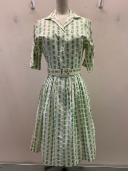 Womens, 1950s Vintage, Piece 1, Laura Mae, Lime Green, Off White, Black, Cotton, Polyester, Floral, W23, B34, S/S, Button Front, Collar Attached, Pleated,