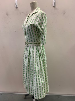 Womens, 1950s Vintage, Piece 1, Laura Mae, Lime Green, Off White, Black, Cotton, Polyester, Floral, W23, B34, S/S, Button Front, Collar Attached, Pleated,
