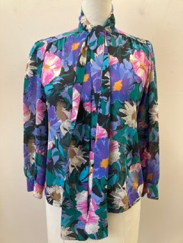 TEDDI, Periwinkle Blue, Green, Magenta Purple, Taupe, Black, Polyester, Floral, Neck Tie, B.F., L/S, Sheer