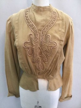 Womens, Blouse 1890s-1910s, N/L, Mustard Yellow, Gold, Cotton, Solid, W:26, B: 34, Long Sleeves, Hidden Hook & Eye Closures At Side Front, Band Collar,  Gold Shiny Embroidered Applique In Swirled Pattern At Center Front, Trim On Cuffs, 1" Wide Self Waist Band with Peplum Style Panel Below, **Has Many Mends  - At Center Front Neck, Shoulders, Hem, Etc.   **Has Sun/Light Damage At Shoulders,