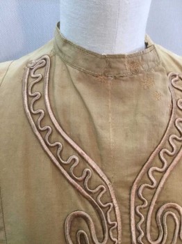 Womens, Blouse 1890s-1910s, N/L, Mustard Yellow, Gold, Cotton, Solid, W:26, B: 34, Long Sleeves, Hidden Hook & Eye Closures At Side Front, Band Collar,  Gold Shiny Embroidered Applique In Swirled Pattern At Center Front, Trim On Cuffs, 1" Wide Self Waist Band with Peplum Style Panel Below, **Has Many Mends  - At Center Front Neck, Shoulders, Hem, Etc.   **Has Sun/Light Damage At Shoulders,