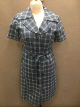 N/L, Dusty Blue, Lt Gray, Wool, Polyester, Plaid-  Windowpane, Dusty Blue with Light Gray Windowpane Stripes, Shirtwaist, Short Sleeves, Button Front, Wide Notched Collar, Folded Cuffs, Belt Loops, **2 Pieces with Matching Self Fabric Sash Belt