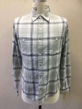 BONOBOS, Lt Gray, White, Slate Blue, Cotton, Plaid, Button Front, Long Sleeves, Collar Attached, 2 Pockets Matching Plaid Lines