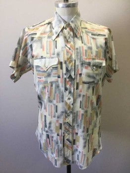 Mens, Western Shirt, H BAR C RANCHWEAR, Cream, Lemon Yellow, Peach Orange, Gray, Charcoal Gray, Polyester, Abstract , L, Western Style., Short Sleeves, Collar Attached, 2 Snap Down Pocket Flaps, Snap Front Closure