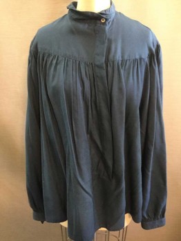 CACHAREL, Navy Blue, Cotton, Solid, Long Sleeve,7 Button Front, with Covered Placket, Foldover Band Collar, Round Yoke at Neck/Shoulders, Gathered Into Yoke,