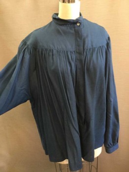 CACHAREL, Navy Blue, Cotton, Solid, Long Sleeve,7 Button Front, with Covered Placket, Foldover Band Collar, Round Yoke at Neck/Shoulders, Gathered Into Yoke,