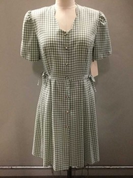 SUNSHINE STARSHINE, Off White, Sage Green, Polyester, Rayon, Gingham, Short Sleeve, Gold/Pearl Buttons, Scallopped Neckline, Padded Shoulders, Ties At Waist, Hem Above Knee