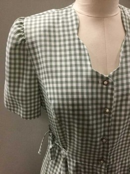 SUNSHINE STARSHINE, Off White, Sage Green, Polyester, Rayon, Gingham, Short Sleeve, Gold/Pearl Buttons, Scallopped Neckline, Padded Shoulders, Ties At Waist, Hem Above Knee