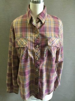 N/L, Tan Brown, Red, Blue, White, Polyester, Cotton, Plaid, Long Sleeves, Button Front, Collar Attached, 2 Pockets with Pocket Flaps