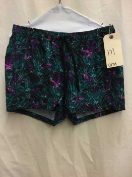 ONIA, Black, Green, Purple, Synthetic, Floral, Black, Green/ Purple Floral Print