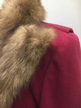 Womens, Coat, PRINCESS JUNIORS , Raspberry Pink, Brown, Wool, Fur, Solid, B:38, Raspberry Solid Wool, with Brown Mink Fur Collar and Front Opening to Hem, Knee Length, 1 Hook & Eye Closure at Front, 2 Welt Pockets at Sides, Raspberry Silk Lining,