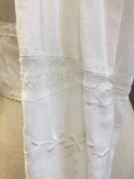 N/L, White, Cotton, Floral, Solid, Self Flowers/Vines Embroidery at Bust, Long Sleeves, High Neck/Stand Collar with Sheer Net/Lace Insets, 5 Rows of Pintucks at Each Shoulder, Tiny Buttons with Crochet Covers at Center Back, Sheer Lace Insets on Sleeves, Gathered Into 1/2" Waistband,
