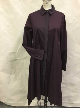 Womens, Dress, Long & 3/4 Sleeve, COS, Aubergine Purple, Cotton, Nylon, Solid, 8, Button Front Concealed Placket Grosgrain Ribbon, Long Sleeves Button Cuff, Collar Attached Grosgrain, Asymmetrical Hem, Flared with Pleats at Side Bust, Pleat Center Back Yoke