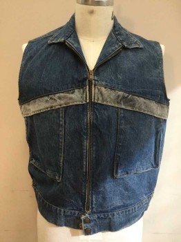 Mens, Vest, GUESS, Blue, Gray, Cotton, Color Blocking, L, Zip Front, Collar Attached, Smocked Elastic Back Waist, Snap Front, Gray Chest Flap, 2 Pockets