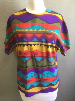 JO HARDIN, Multi-color, Purple, Red, Mustard Yellow, Olive Green, Polyester, Geometric, Funky Horizontal Stripes of Zig Zags, Circles, Wavy Lines, Etc, Dolman Short Sleeves, Round Neck,