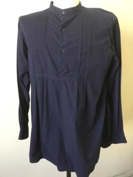 N/L, Navy Blue, Cotton, Solid, Long Sleeve, 3 Button Front, Band Collar,  4 Vertical Pleats at Chest, Button Cuffs, Made To Order  **Has Large Gusset/Panel Added Under Arms to Sides
