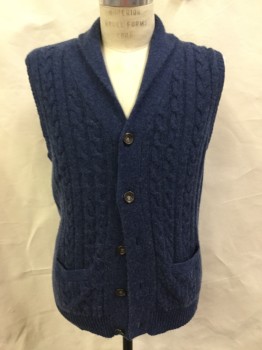 Mens, Sweater Vest, LINCS, Steel Blue, Cashmere, Cable Knit, L, Button Front, Shawl Collar, 2 Pockets, 2 Pockets,