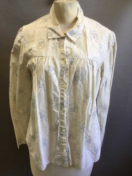 N/L, Cream, Periwinkle Blue, Cotton, Calico , Floral, Cream with Periwinkle Flowers, Leaves and Tiny Dot Pattern Calico, Long Sleeve Button Front, Collar Attached, Gathered at Yoke Seam Across Chest, 2 Large Pleats at Either Side of Upper Torso/Neck, Made To Order **Stains in Several Spots: Above Yoke at Front Shoulder, and at Neck Opening,