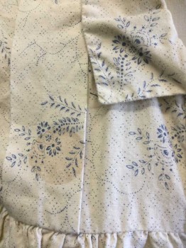 N/L, Cream, Periwinkle Blue, Cotton, Calico , Floral, Cream with Periwinkle Flowers, Leaves and Tiny Dot Pattern Calico, Long Sleeve Button Front, Collar Attached, Gathered at Yoke Seam Across Chest, 2 Large Pleats at Either Side of Upper Torso/Neck, Made To Order **Stains in Several Spots: Above Yoke at Front Shoulder, and at Neck Opening,