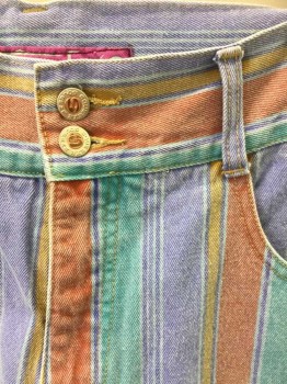 Womens, Shorts, SQUEEZE, Multi-color, Purple, Teal Green, Rust Orange, Mustard Yellow, Cotton, Stripes - Vertical , 11/12, W:32, Multicolor Vertical Striped Denim, Zip Fly with 2 Button Closure at Waist, High Waist, 5 Pockets, 2.5" Self Waistband, Rolled Cuff Hems, 5" Inseam,