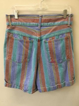 Womens, Shorts, SQUEEZE, Multi-color, Purple, Teal Green, Rust Orange, Mustard Yellow, Cotton, Stripes - Vertical , 11/12, W:32, Multicolor Vertical Striped Denim, Zip Fly with 2 Button Closure at Waist, High Waist, 5 Pockets, 2.5" Self Waistband, Rolled Cuff Hems, 5" Inseam,